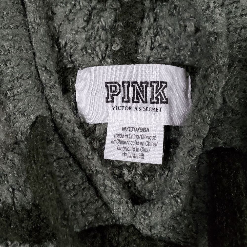 PINK Victoria's Secret Hoodie Womens Medium Green Camo Fuzzy Cropped Drawstring - Picture 2 of 8